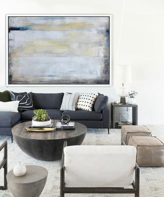Huge Abstract Painting On Canvas,Oversized Horizontal Contemporary Art,Modern Wall Decor,White,Grey,Yellow.etc